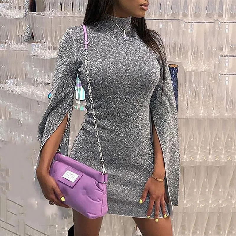 FashionSierra - Turtleneck dress women slit flare sleeve bodycon dress Autumn shinny mini dresses Silver glitter party dress vestiods mujer