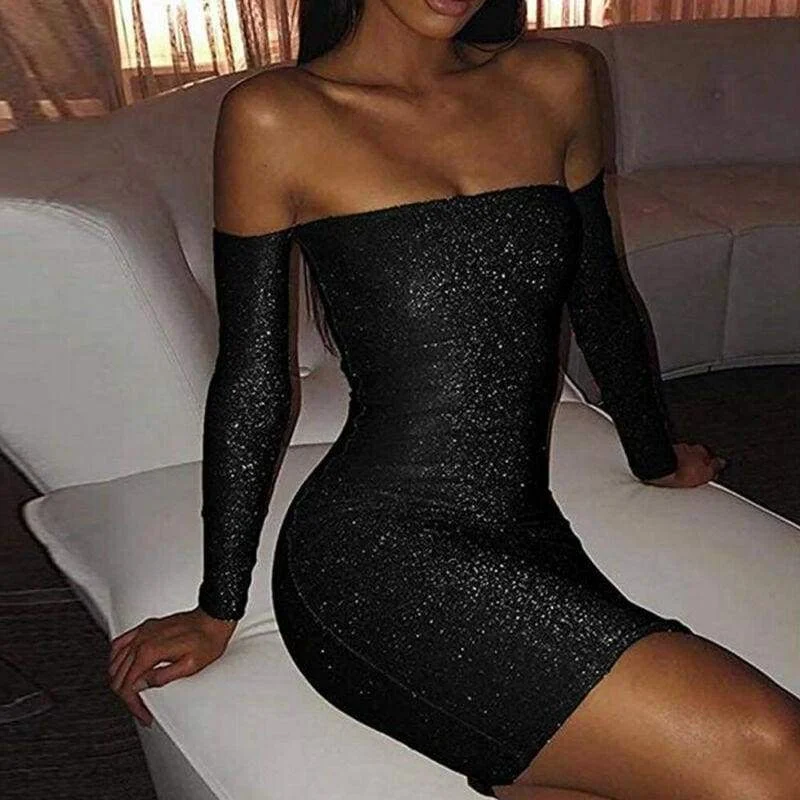 FashionSierra - Women Bling Bodycon Mini Dress Elegant Strapless Off Shoulder Long Sleeve Party Club Short Ladies Dresses