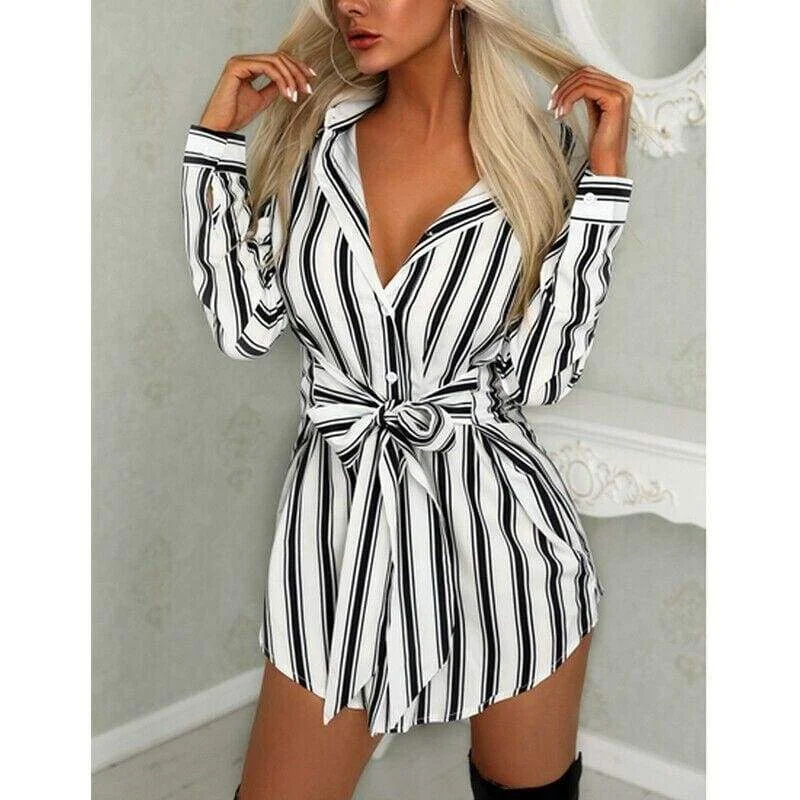 FashionSierra - Women Fashion Long Shirt Dress Ladies V-neck Striped Print Casual Summer Mini Dress Short Mini Dress