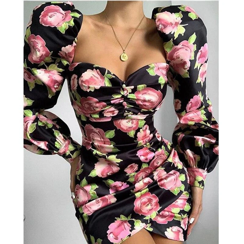 FashionSierra - Women Floral Print Long Sleeve Party Mini Dress Sexy Sheath Club Wear Slash Neck Dresses