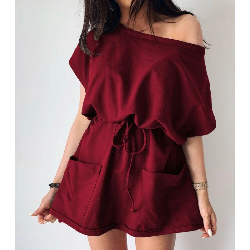 FashionSierra - Women's Summer Pocket Solid Short Sleeve Mini Dress 2019 Fashion Ladies Casual Tops Tie Front Loose Sundress