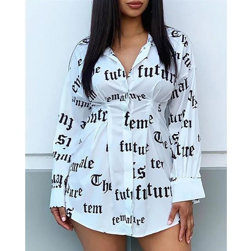 FashionSierra - Women Letter Print Shirt Dress Long Sleeve V Neck Tight Waist Casual Shirt Mini Dress