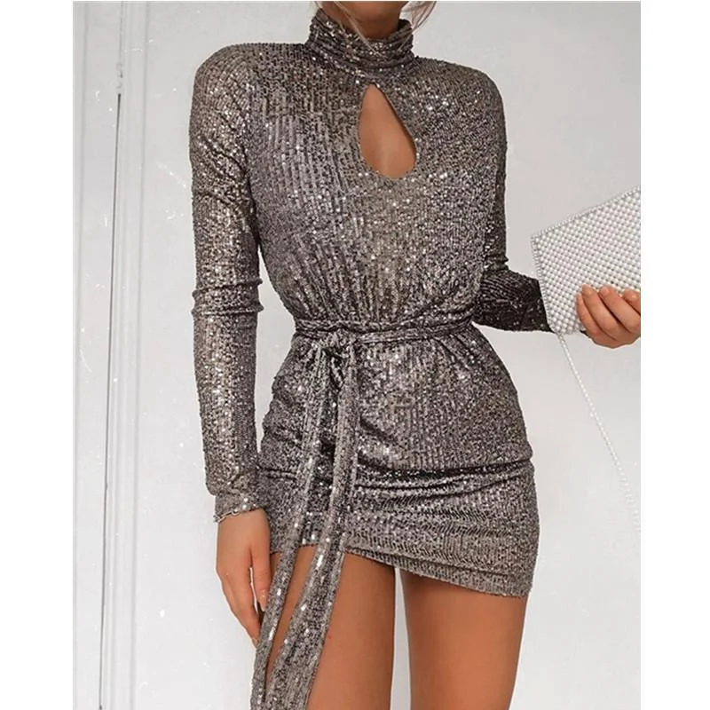 FashionSierra - Women Sequined Keyhole Tie Waist Dress Club Wear Party Mini Dress Asymmetric Sexy Bodycon Mini Vestidos