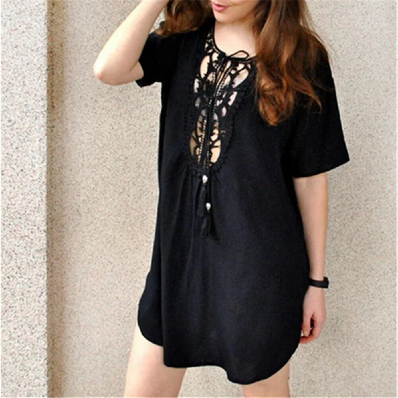 FashionSierra - Women Short Sleeve Loose Mini Dress Ladies Summer Shirt Solid Casual V-Neck Holiday Beach Dress Sundress