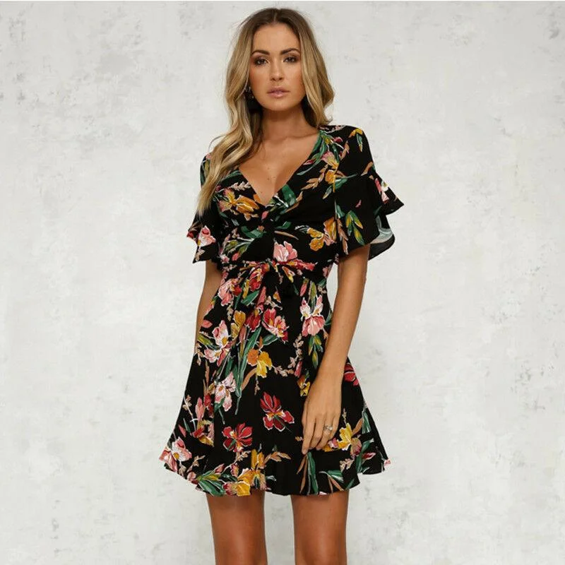 FashionSierra - Women Short Sleeve Wrap Boho Floral Mini Dress Ladies Summer Party Beach Casual V-Neck Short Sundress Holiday