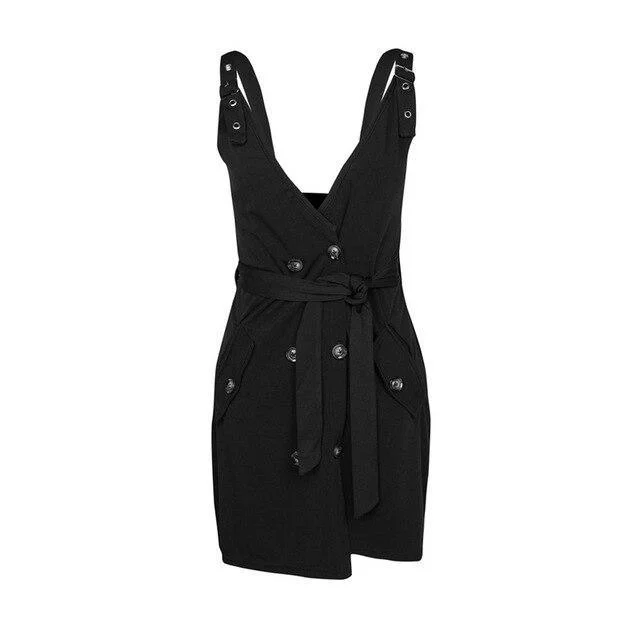 FashionSierra - Women Summer Clothes Sexy Black Tunic Lace Up Folding Mini Dress Elegant Ladies Spaghetti Strap V Neck Button Party Club Dresses