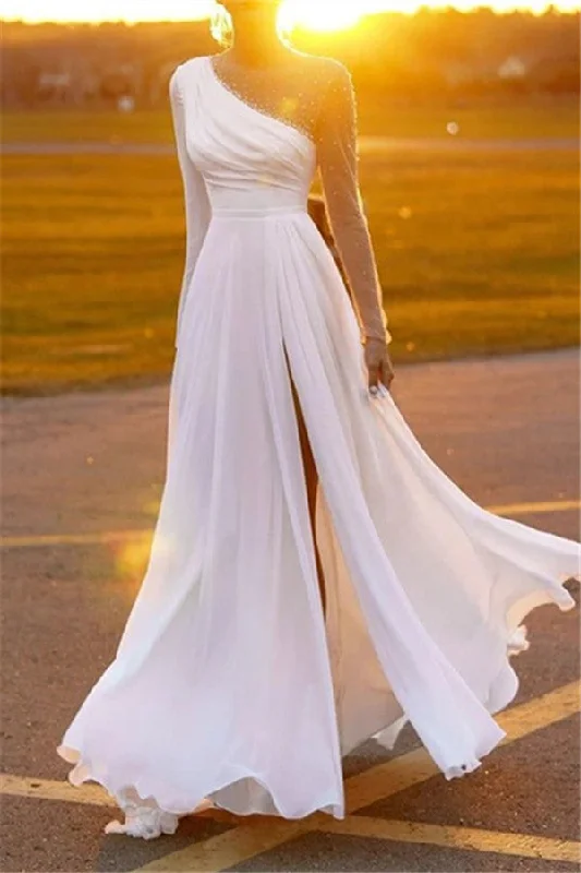 A Line Chiffon Pearls Long Sleeve Beach Wedding Dresses White