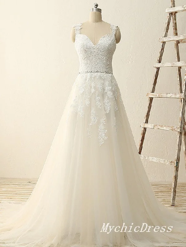 A Line Lace Ivory Boho Wedding Dresses Sweetheart Sleeveless