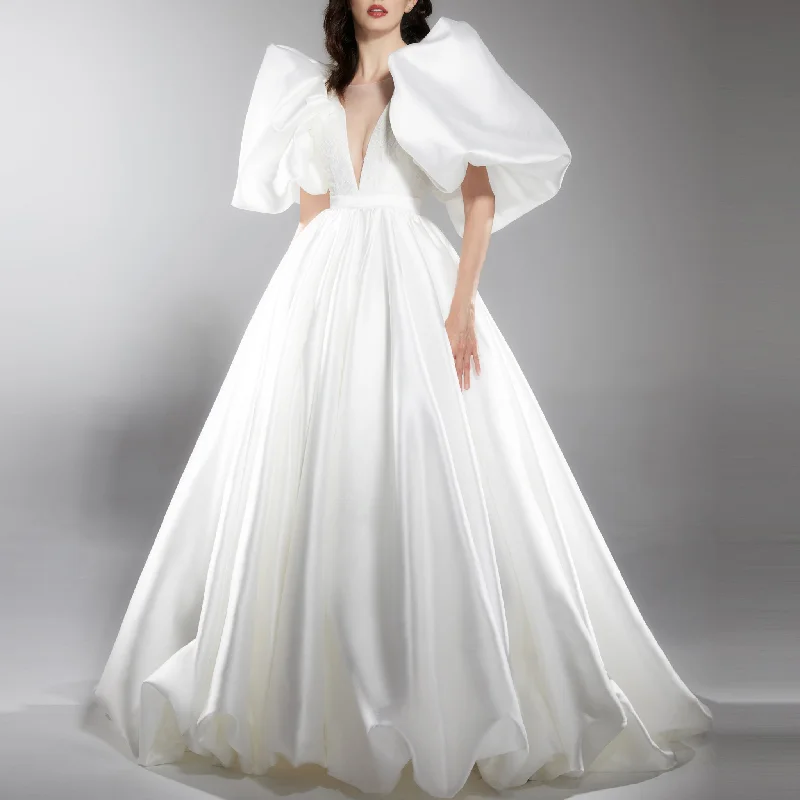 A-line Satin Deep Vneck Wedding Dress with Puff Lantern Short Sleeve