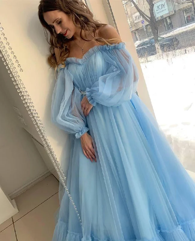 A-line Sky Blue Bohemian Tulle Beach Summer Wedding Dresses