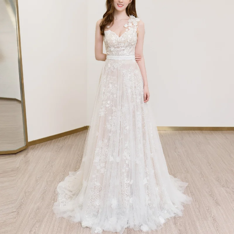 A-line Sweetheart Neck Wedding Dress with Floral Lace and Sash