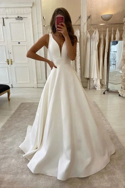 A Line V Neck Sleeveless Satin Wedding Dresses