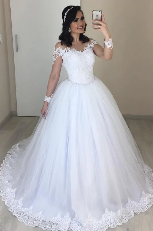 Ball Gown Lace Wedding Dresses Tulle Long Sleeves Bridal Wear