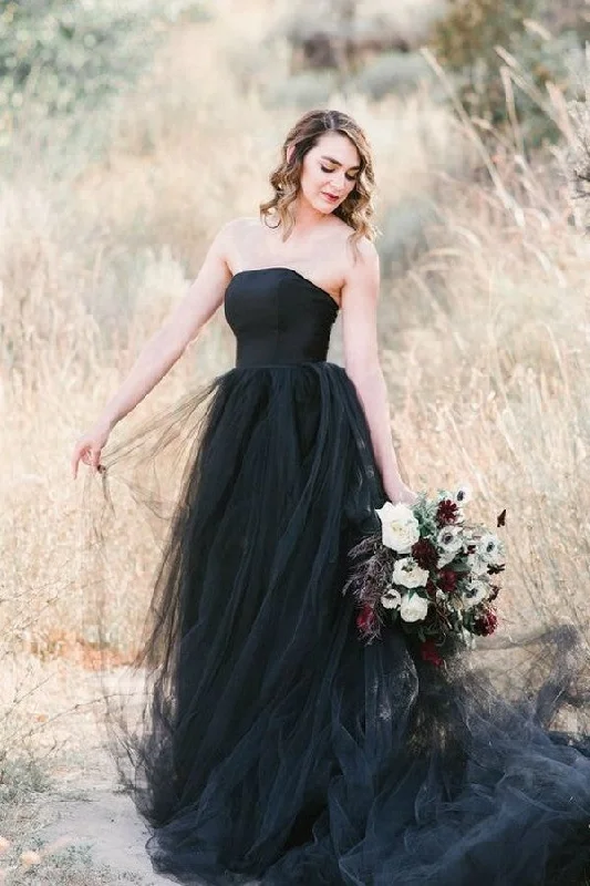 Black Wedding Dresses UK Strapless with Detachable Train