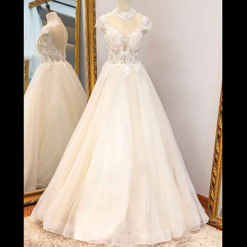 Capped Sheer Neckline A Line Wedding Dress with Lace Applique