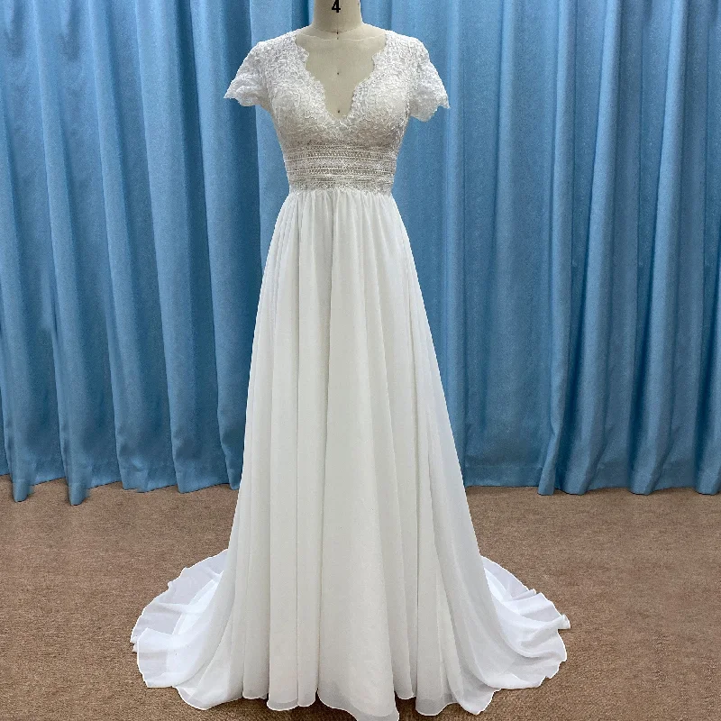 Capped Sleeve Sheath Chiffon Wedding Dress with Sheer Neck & Keyhole