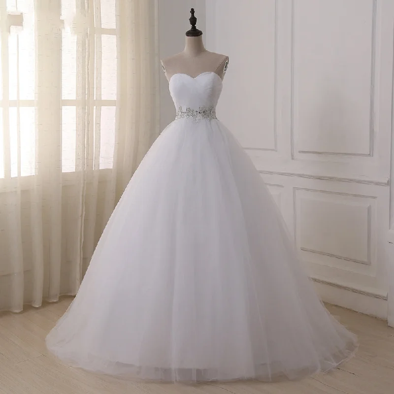 Cheap A Line White Lace Belt Tulle Wedding Dresses