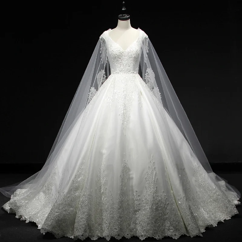 Classic Vneck Ball Gown Wedding Dress with Long Cape & Train