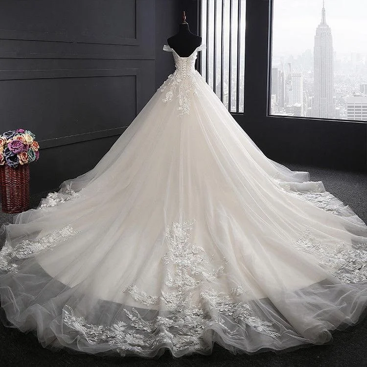 Custom Made A Line Long Tulle Lace Ivory Wedding Dresses with Train