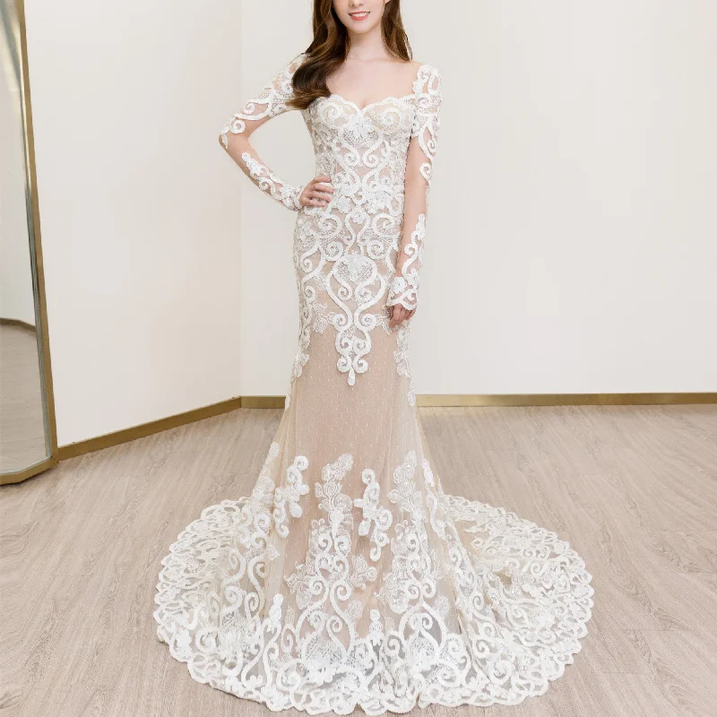 Floral Lace Trumpet Mermaid Wedding Dress with Sheer Long Sleeve