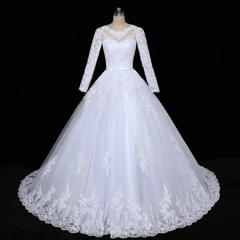 Floral Mermaid Tulle Lace Vintage Long Sleeves Wedding Dresses