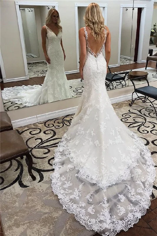 Gorgeous V Neck Backless Straps Mermaid Lace Wedding Dresses