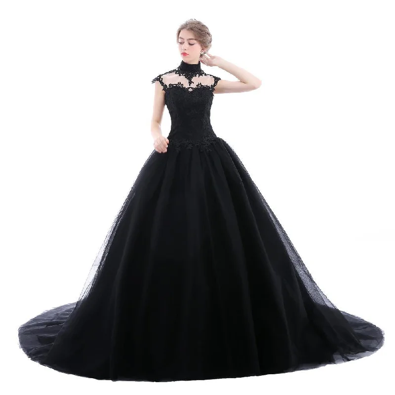 High Neck Lace Tulle Black Wedding Dresses Ball Gowns