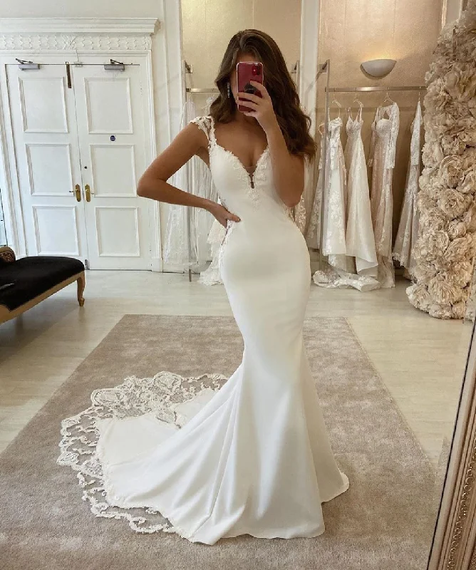 Mermaid V Neck Ivory Lace Chiffon Beach Boho Wedding Dresses