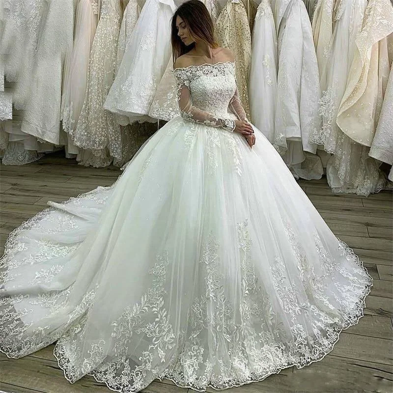 Princess Long Sleeves Off the Shoulder Lace Ball Gown Wedding Dresses