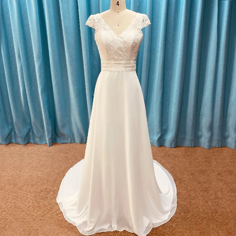 Sheath Chiffon Wedding Dress with Vneck and Capped Sleeves