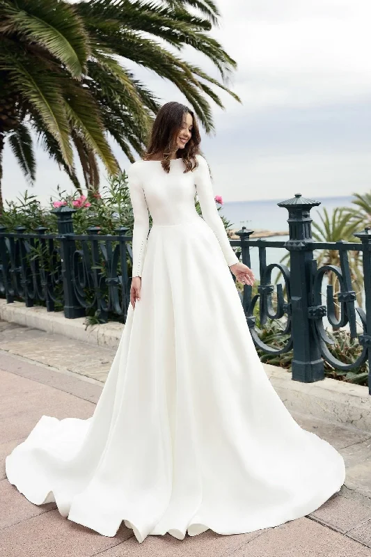 Simple Long Sleeves Ivory Satin Wedding Dresses V Neck Back