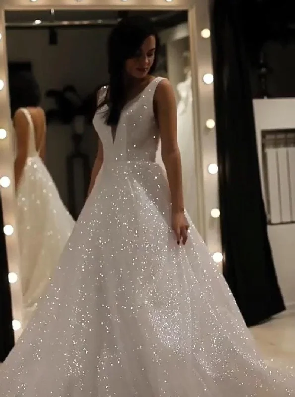 Sparkly A Line V-neck Sequins Wedding Gown Backless Prom Dress On Sale