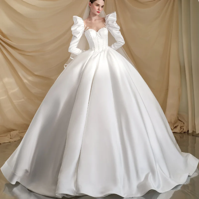 Square-neck Ballgown Satin Wedding Dress with Puffy Long Sleeve