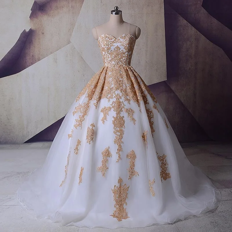 Vestido Gold Lace Appliques Wedding Dresses Princess Ball Gowns