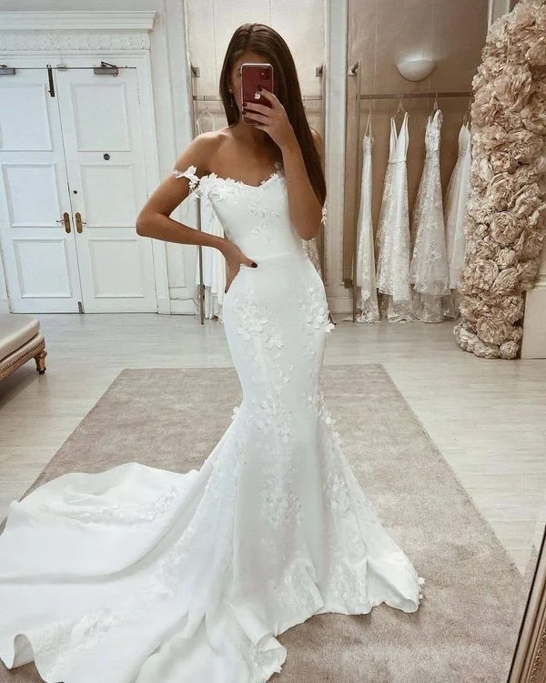 White Satin Wedding Dresses Appliques Mermaid Off the Shoulder Prom Dress