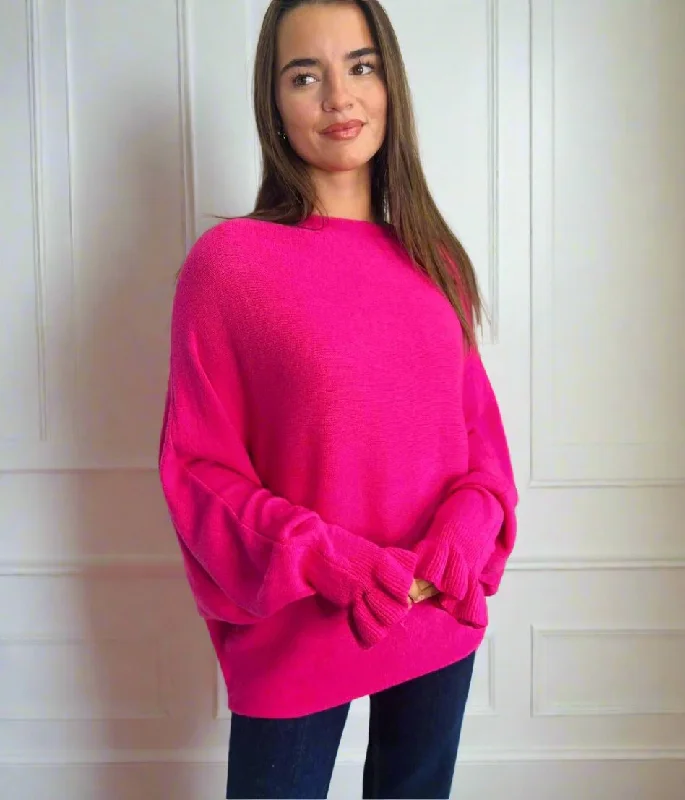 Bright Pink Ruffle Sleeve Batwing Jumper