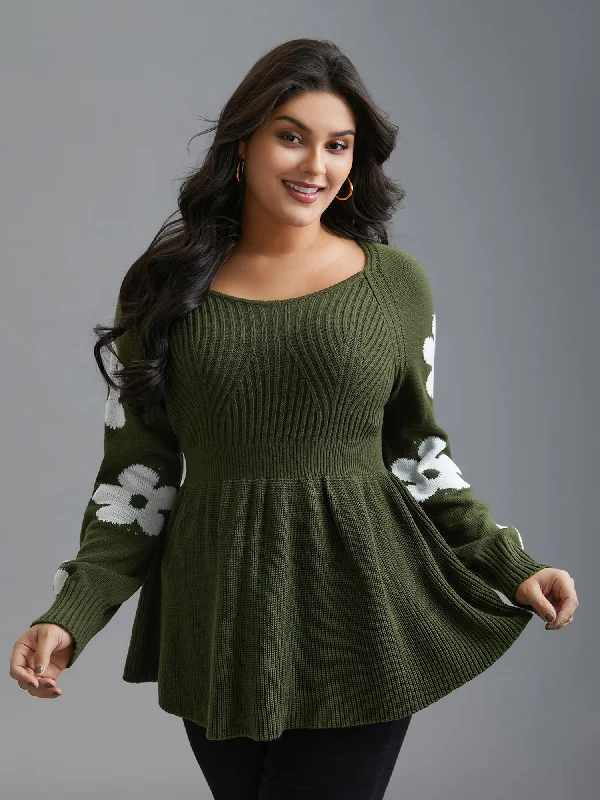 Floral Patch Jacquard Cinched Waist Pullover