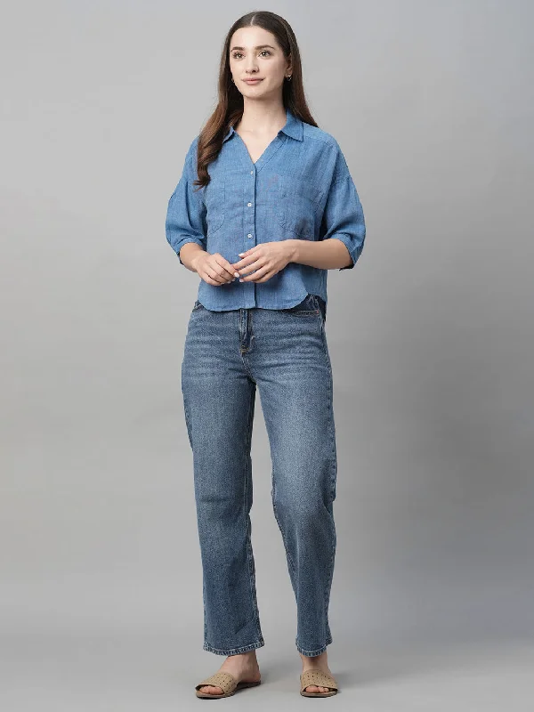 Women's Blue Linen Loose Fit Blouse