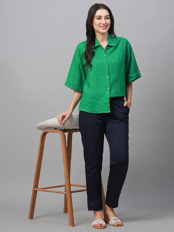 Women's Green Linen Boxy Fit Blouse