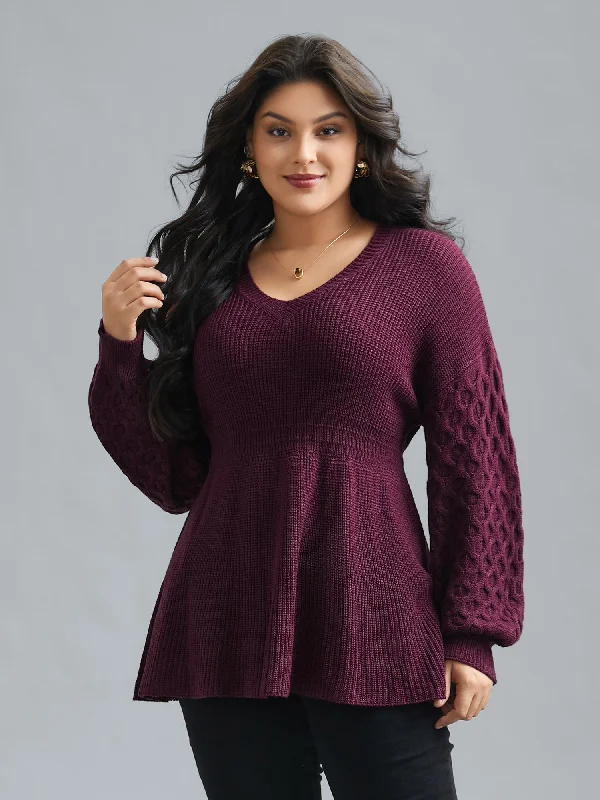 Plain Ribbed Knit Waist Cinched Pullover